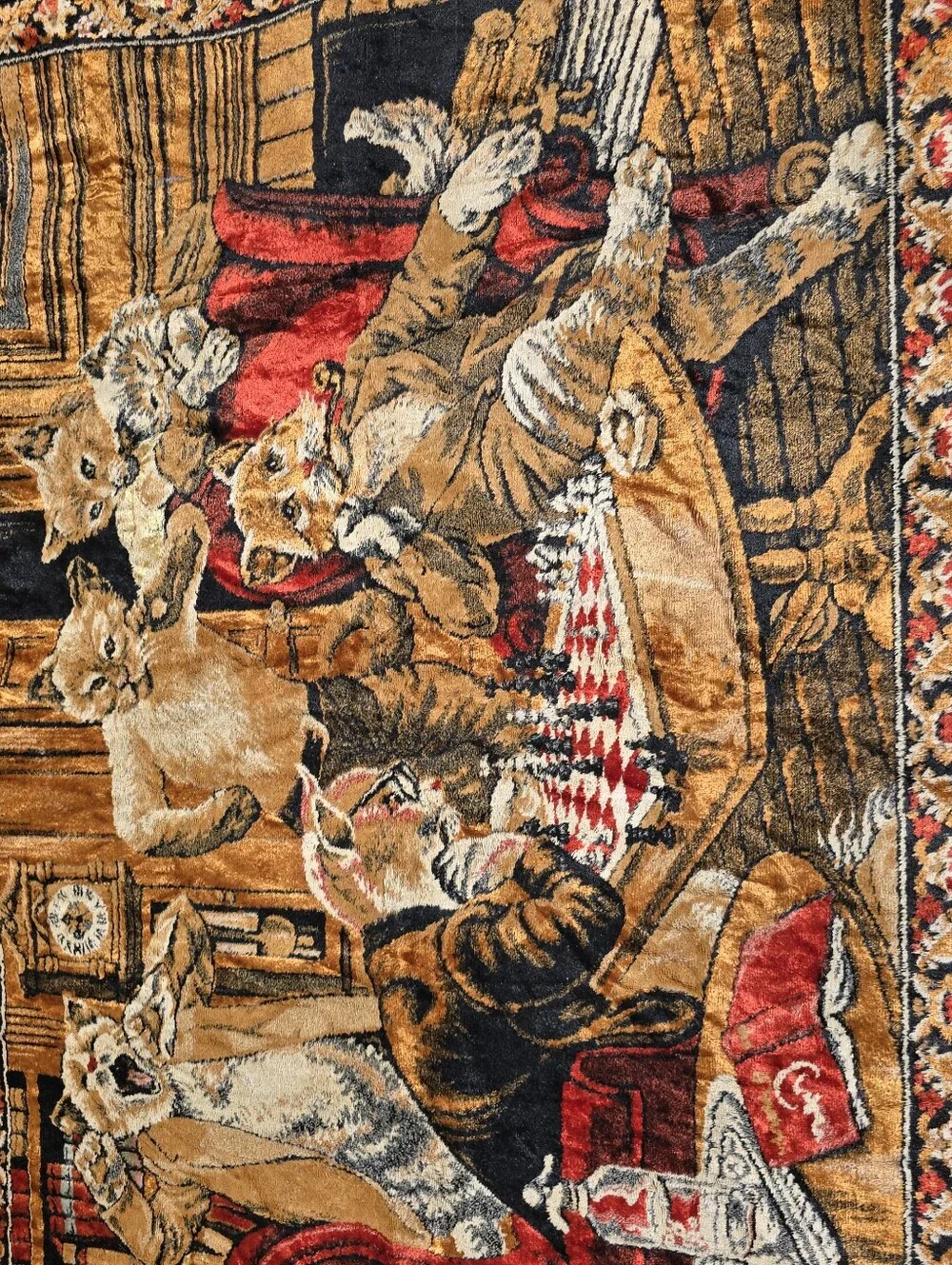 Vtg Anthropomorphic Cat Tapestry Wall Hanging Playing Chess Barware 48